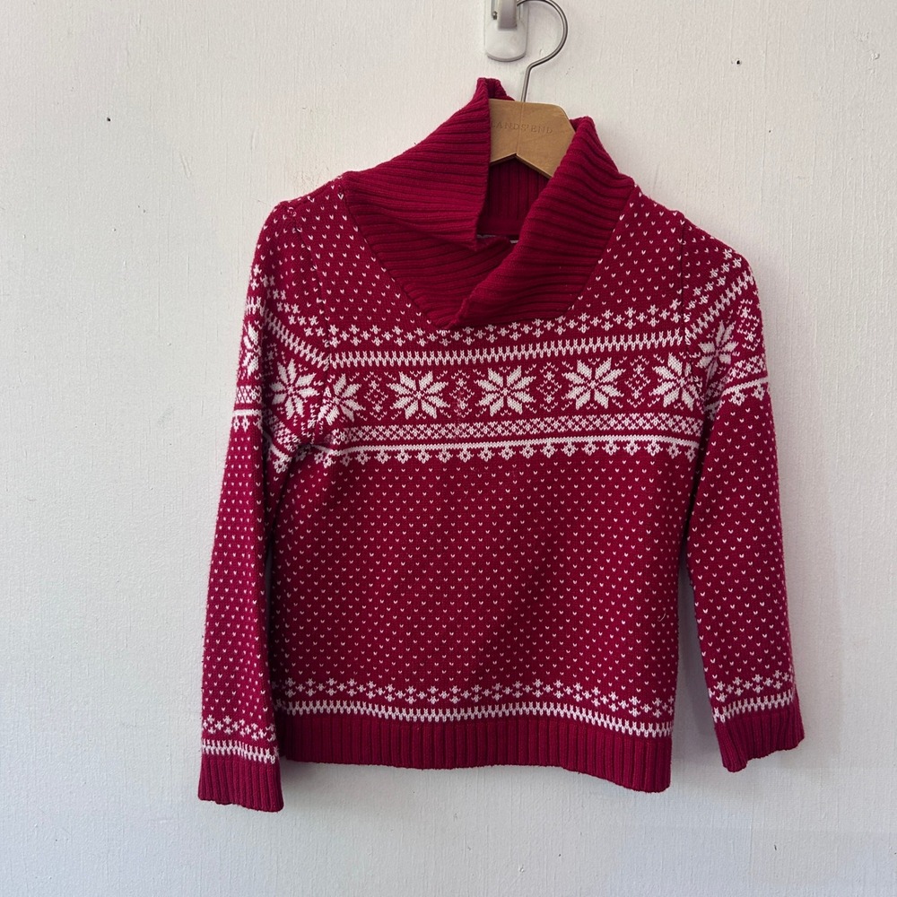 Tahari Sweater Kids Size 5/6 Red Fair Isle Snowflake Shawl Collar Holiday Winter